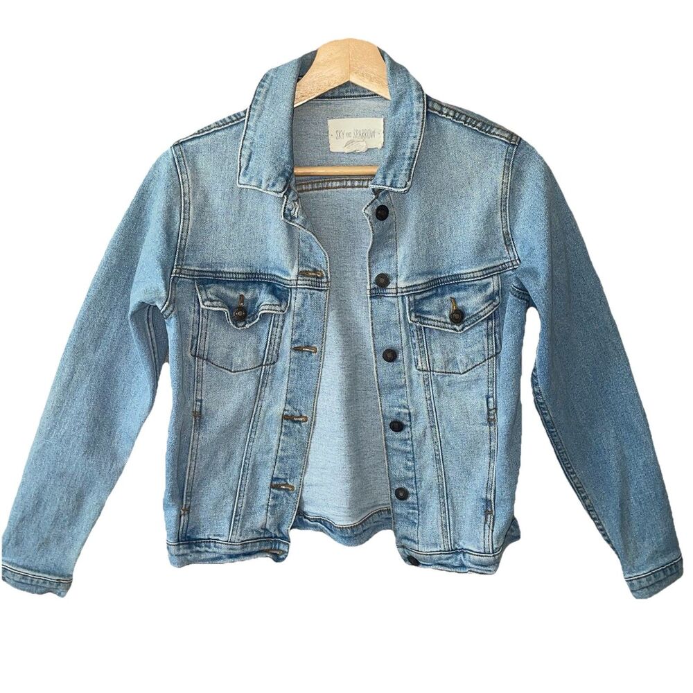 Sky Sparrow Boho Jean Jacket Womens Size S Light Blue Denim Collared Buttoned